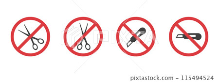 Cut here. Do not open with stationery knife or scissors icons. Black shears cutting isolated on white background. Simple Vector illustration Cut here. Do not open with stationery knife or scissors icons. Black shears cutting isolated on white background. Simple Vector illustration 115494524