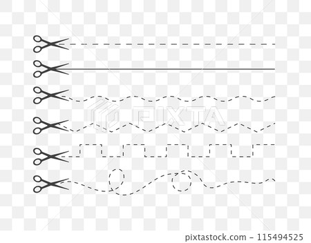 Cut here. Black scissors cutting. Set of cut dash lines isolated on white background. Simple Vector illustration. Shear cutting paper coupon or the cloth label along the line Cut here. Black scissors cutting. Set of cut dash lines isolated on white background. Simple Vector illustration. Shear cutting paper coupon or the cloth label along the line 115494525