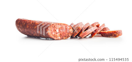 Sliced smoked Sausages salami On White Background Sliced smoked Sausages salami On White Background 115494535