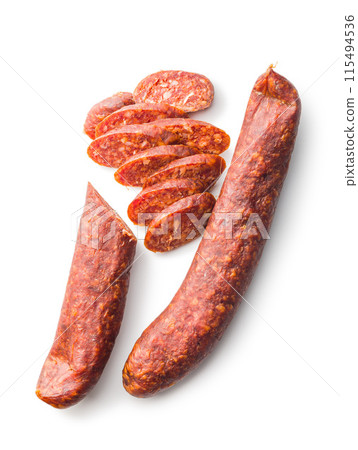 Sliced smoked Sausages salami On White Background Sliced smoked Sausages salami On White Background 115494536