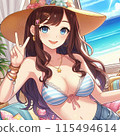 Illustration of a young woman in a straw hat and swimsuit in the sea 115494614