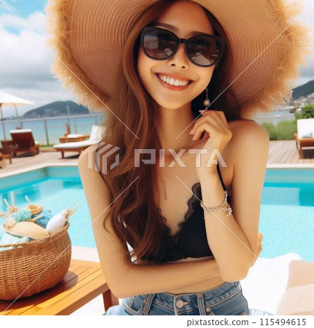 Young woman wearing sunglasses and straw hat at the pool 115494615