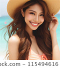 Smiling long-haired woman in a straw hat 115494616