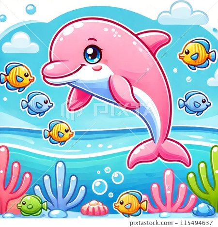 Pink dolphin swimming with fish 115494637
