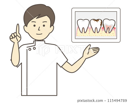 男性牙醫一邊看牙齒圖像一邊解釋 115494789