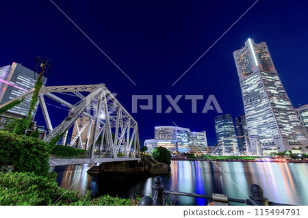 Yokohama City, Minato No. 2 Bridge on the Kishamichi Road and the night view of Minato Mirai Yokohama City, Minato No. 2 Bridge on the Kishamichi Road and the night view of Minato Mirai 115494791