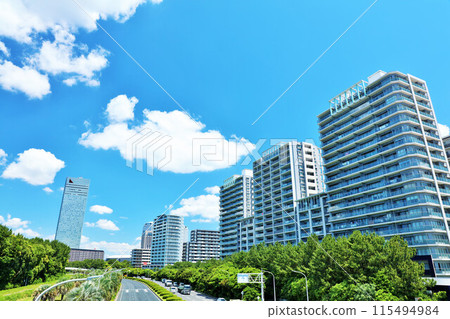 Chiba Prefecture, Kaihin Makuhari, blue sky and cityscape 115494984