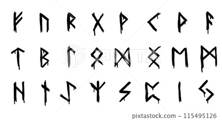 Set of old Norse Runic alphabet, Futhark. Scandinavian runes. Black letters on white background. Ancient occult Viking characters on white background, rune font. Set of old Norse Runic alphabet, Futhark. Scandinavian runes. Black letters on white background. Ancient occult Viking characters on white background, rune font. 115495126