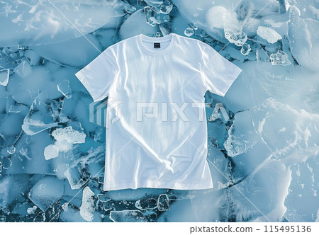 White t-shirt on frozen ice texture. Cotton tshirt in nature winter background. Casual blank shirt textile. Empty mock up cloth collection. Mockup blank fashion design 115495136