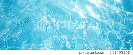 Transparent blue clear water surface texture with ripples, splashes and bubbles 115495198