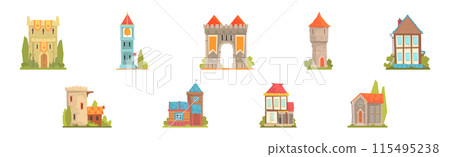 Medieval Building and Ancient European Town House Vector Set 115495238