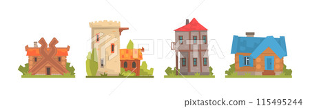 Medieval Building and Ancient European Town House Vector Set 115495244