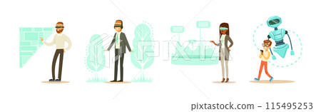 Man and Woman Character Use Smart Interactive Technology Vector Set Man and Woman Character Use Smart Interactive Technology Vector Set 115495253