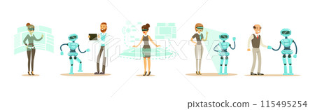 Man and Woman Character Use Smart Interactive Technology Vector Set Man and Woman Character Use Smart Interactive Technology Vector Set 115495254
