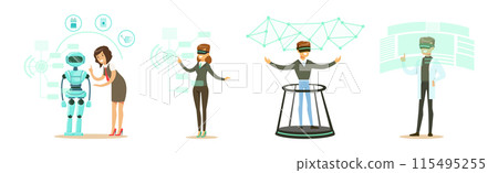 Man and Woman Character Use Smart Interactive Technology Vector Set 115495255