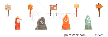 Old Wooden and Stones Street Signs Vector Set Old Wooden and Stones Street Signs Vector Set 115495259