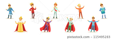 Little Boy In Prince Costume with Golden Crown Vector Set 115495283