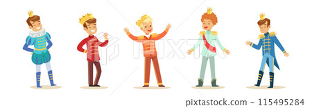 Little Boy In Prince Costume with Golden Crown Vector Set 115495284