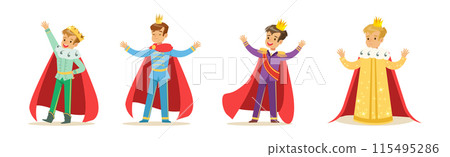 Little Boy In Prince Costume with Golden Crown Vector Set 115495286