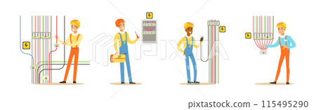 Man Electrician In Uniform and Hard Hat Working with Electric Cables and Wires Vector Set Man Electrician In Uniform and Hard Hat Working with Electric Cables and Wires Vector Set 115495290