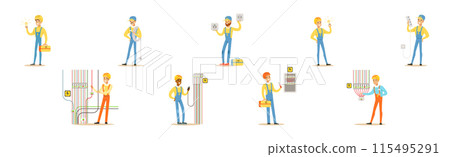 Man Electrician In Uniform and Hard Hat Working with Electric Cables and Wires Vector Set Man Electrician In Uniform and Hard Hat Working with Electric Cables and Wires Vector Set 115495291