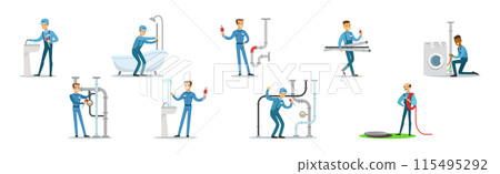 Man Plumber Character in Uniform Repair Heating Pipe Vector Set 115495292