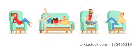 People Resting and Relax on Sofa at Cozy Home Atmosphere Vector Set 115495319