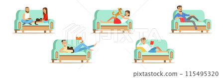 People Resting and Relax on Sofa at Cozy Home Atmosphere Vector Set 115495320