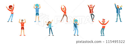 Sport Fan Man and Woman Character with Trumpet and Raised Hands Vector Set 115495322