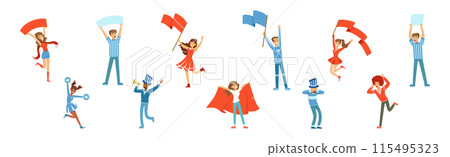 Sport Fan Man and Woman Character with Flag and Banner Vector Set Sport Fan Man and Woman Character with Flag and Banner Vector Set 115495323