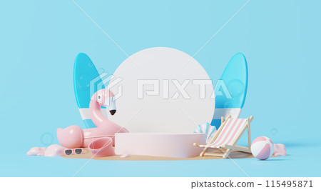 3D render, podium display with white circle for product decorate with summer element beach ball, flamingo inflatable and others, holiday vacation time. 115495871