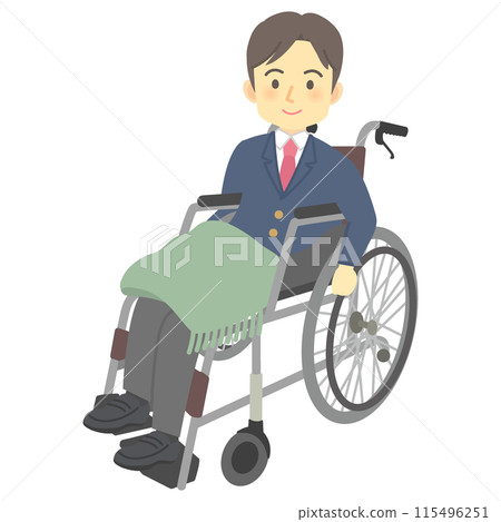 Smiling male high school student (full body) driving his own wheelchair. Caregiving, nursing, inclusive education 115496251