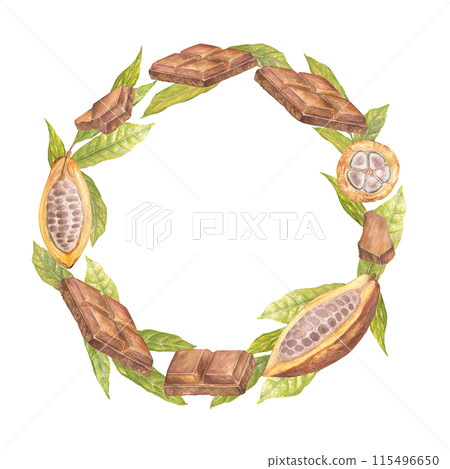 Circle frame of wreath with chocolate and cacao fruit and leaf watercolor illustration , hand drawn. Drawing of chocolate bar. Engraving for food packaging design 115496650