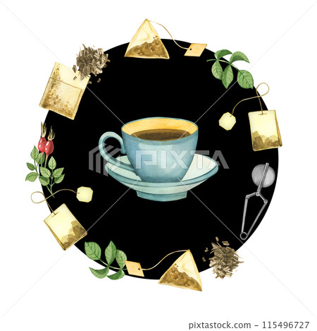 Watercolor illustration. Cup of tea, tea bags, tea leaves, tea strainer on a black background. All products are hand painted with watercolors. For printing on product packaging, menus, kitchens. Watercolor illustration. Cup of tea, tea bags, tea leaves, tea strainer on a black background. All products are hand painted with watercolors. For printing on product packaging, menus, kitchens. 115496727