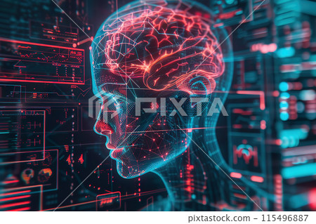 A digital brain and human profile with intricate data overlays 115496887