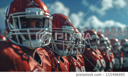 Band of young American football players grouped together on a playing field, AI generated 115496895