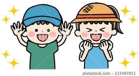 Illustration of cheerful smiling children wearing hats 115497051
