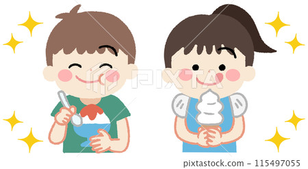 Illustration of smiling kids eating shaved ice and soft serve ice cream 115497055