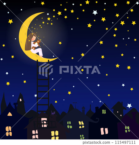 The girl sleeps on the moon in an embrace with a teddy bear. Fairy Baby Drawing for Illustrating Books Websites and Covers. Vector illustration the girl climbed the ladder to the moon and fell asleep 115497111