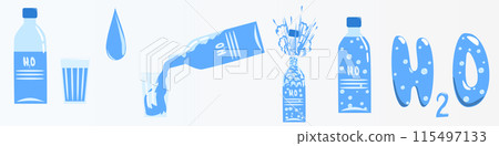 Vector illustration ICONS water in bottles and a glass. bottled water with and without gas. One of the bottles shoots a cap.  115497133