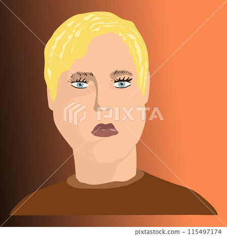 Avatar Cartoon Person Face Shemale Blond. Vector illustration, avatar for insertion, banner, doodle and other applications where you need an avatar blond with gray eyes and a short haircut. 115497174