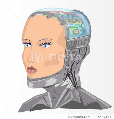 Avatar Woman Robot With Artificial Intelligence And Metal Body. Vector illustration girl robot with an electronic brain in a transparent head under glass. bionic or cybernetic body with a human face. Avatar Woman Robot With Artificial Intelligence And Metal Body. Vector illustration girl robot with an electronic brain in a transparent head under glass. bionic or cybernetic body with a human face. 115497175