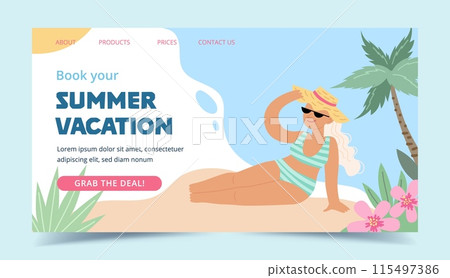 Travel destinations summer landing page. Happy woman wearing a hat sunbathing, vector illustration 115497386