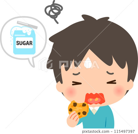 A man eats a cookie that's too sweet A man eats a cookie that's too sweet 115497397