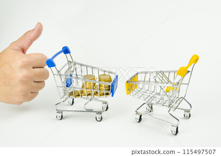 business and finance saving activity with gold coin arrange in cart with shopping acting and white isolated background business and finance saving activity with gold coin arrange in cart with shopping acting and white isolated background 115497507