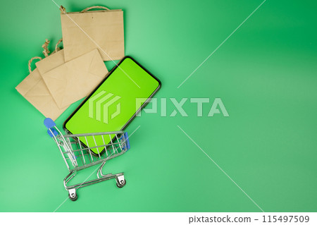 add to cart and shopping from home with flat lay shopping object and activity on green screen background 115497509