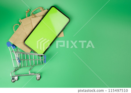 add to cart and shopping from home with flat lay shopping object and activity on green screen background add to cart and shopping from home with flat lay shopping object and activity on green screen background 115497510