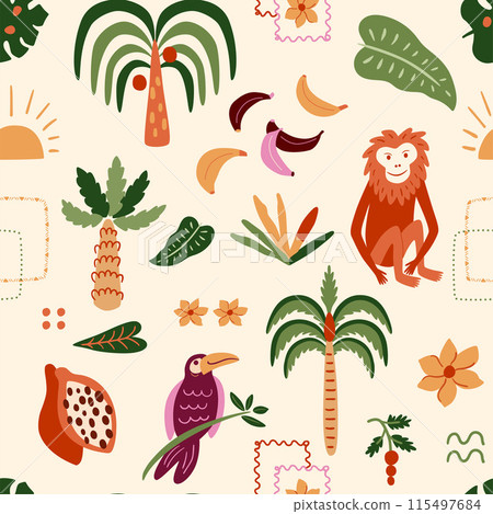 Cute monkey tropical palms seamless pattern. Frames, bananas, toucan bird, papaya. Vector summer jungle background, wallpaper 115497684
