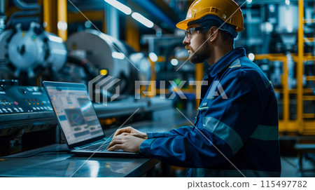 Professional factory worker utilizing a laptop to oversee and control an automated machinery program Professional factory worker utilizing a laptop to oversee and control an automated machinery program 115497782