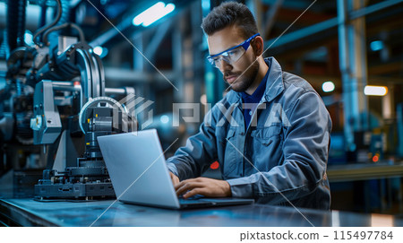 Professional factory worker adeptly utilizes a laptop to oversee and control an array of automatic machinery programs Professional factory worker adeptly utilizes a laptop to oversee and control an array of automatic machinery programs 115497784